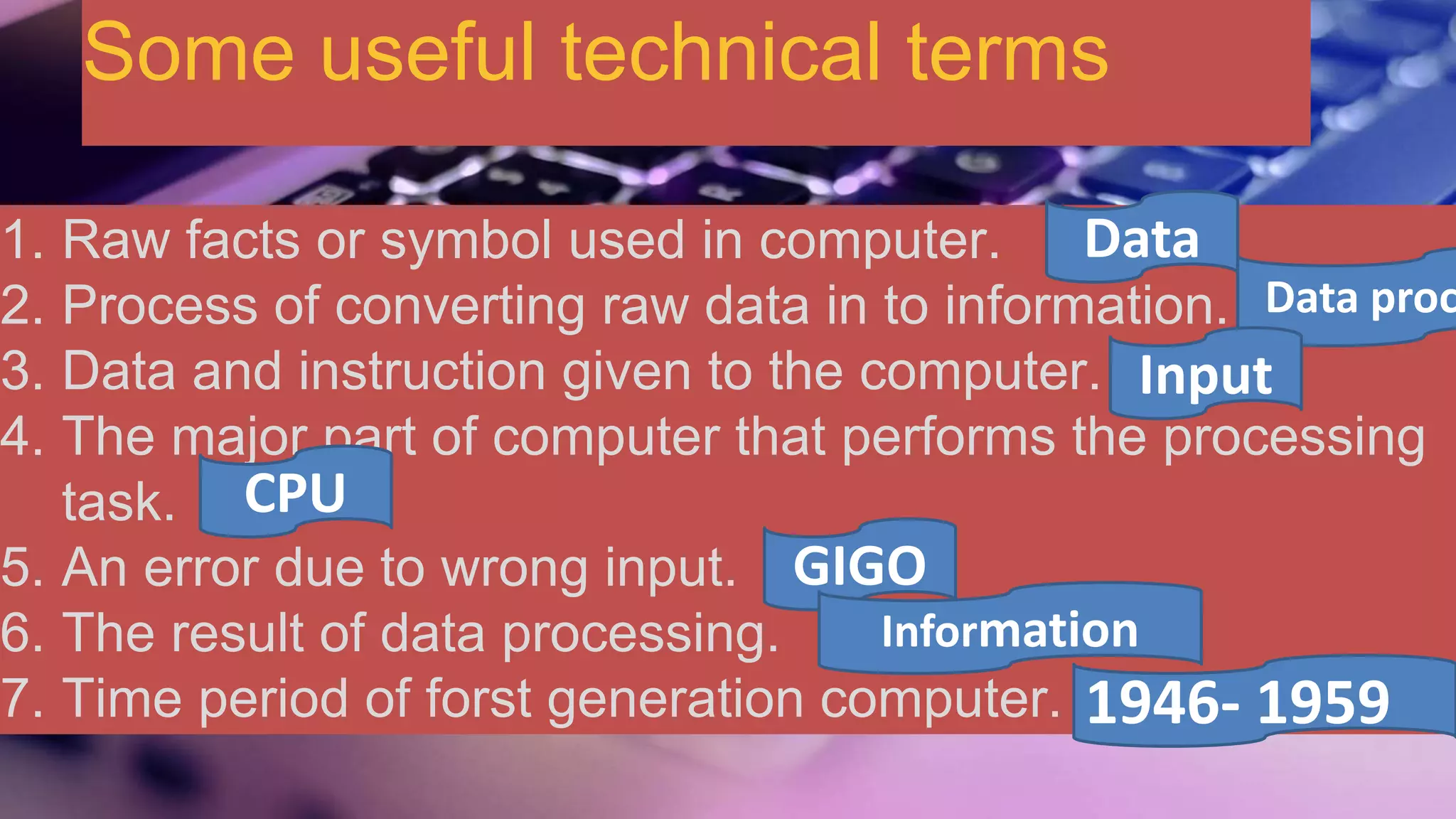 Some useful technical terms
1. Raw facts or symbol used in computer.
2. Process of converting raw data in to information.
3. Data and instruction given to the computer.
4. The major part of computer that performs the processing
task.
5. An error due to wrong input.
6. The result of data processing.
7. Time period of forst generation computer.
Data
Data proc
Input
CPU
GIGO
Information
1946- 1959
 