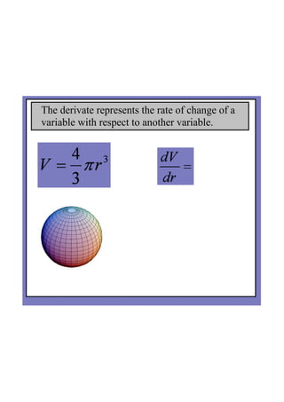 The derivate represents the rate of change of a 
variable with respect to another variable.
 