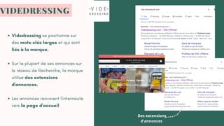 VIDEDRESSING
Videdressing se positionne sur
des mots-clés larges et qui sont
liés à la marque.
Sur la plupart de ses annonces sur
le réseau de Recherche, la marque
utilise des extensions
d'annonces.
Les annonces renvoient l'internaute
vers la page d'accueil
Des extensions
d'annonces
 