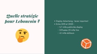 Display Advertising : levier important
Entre 2013 et 2020 :
5,7 mille publicités display
Diffusées 23 mille fois
4,1 mille éditeurs
Quelle stratégie
pour Leboncoin ?
 