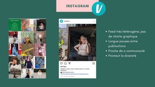 INSTAGRAM
Feed très hétérogène, pas
de charte graphique
Longue pauses entre
publications
Proche de a communauté
Promeut la diversité
 