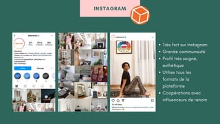 Très fort sur Instagram
Grande communauté
Profil très soigné,
esthétique
Utilise tous les
formats de la
plateforme
Coopérations avec
influenceurs de renom
INSTAGRAM
 