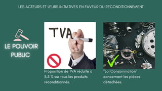 "Loi Consommation"
concernant les pièces
détachées.
LES ACTEURS ET LEURS INITIATIVES EN FAVEUR DU RECONDITIONNEMENT
Proposition de TVA réduite à
5,5 % sur tous les produits
reconditionnés.
 