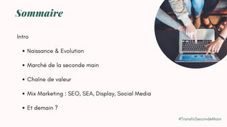 Naissance & Evolution
Marché de la seconde main
Chaîne de valeur
Mix Marketing : SEO, SEA, Display, Social Media
Et demain ?
Intro
Sommaire
#TransfoSecondeMain
 
