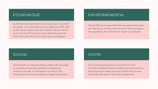 E C O N O M I Q U E
La motivation principale des consommateurs pour les achats
d'occasion. Les voitures d'occasion se cèdent pour 30%, 40%
ou 50% de leur valeur neuve et le mobilier inférieurs de 70%
au prix du neuf. 8 Français sur 10 qui déclarent porter leur
choix vers la seconde main en raison de prix avantageux
E N V I R O N N E M E N T A L
Près de 50% des Français affirment ainsi acheter d'occasion
pour des raisons d'ordre environnemental, dans une logique
anti-gaspillage, afin de limiter leur impact sur la planète.
S O C I A L
dévalorisante il y a encore quelques années, elle est passée
au stade de pratique décomplexée et d’expérience
collective valorisée. Un changement qui s’inscrit dans
l’épuisement et le rejet du modèle de l’hyperconsommation
C O V I D
Et la crise économique liée au covid-19 est en train
d'installer durablement cette nouvelle façon de consommer,
les Français ayant perdu du pouvoir d'achat tout en étant
dans l'insécurité quant à leur avenir professionnel.
 