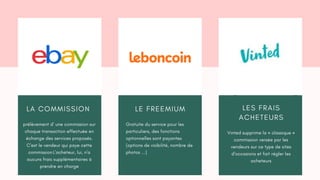 L A C O M M I S S I O N
prélèvement d' une commission sur
chaque transaction effectuée en
échange des services proposés.
C'est le vendeur qui paye cette
commission L'acheteur, lui, n'a
aucuns frais supplémentaires à
prendre en charge
L E F R E E M I U M
Gratuite du service pour les
particuliers, des fonctions
optionnelles sont payantes
(options de visibilité, nombre de
photos ...)
L E S F R A I S
A C H E T E U R S
Vinted supprime la « classique »
commission versée par les
vendeurs sur ce type de sites
d'occasions et fait régler les
acheteurs
 