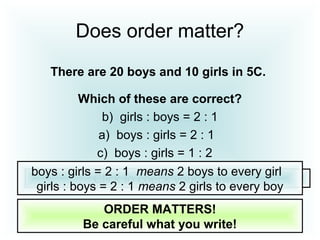 Does order matter?
There are 20 boys and 10 girls in 5C.
Which of these are correct?
b) girls : boys = 2 : 1
a) boys : girls = 2 : 1
c) boys : girls = 1 : 2
ORDER MATTERS!
Be careful what you write!
Click to check your answer
boys : girls = 2 : 1 means 2 boys to every girl
girls : boys = 2 : 1 means 2 girls to every boy
 