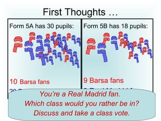First Thoughts …
Form 5A has 30 pupils:
10 Barsa fans
20 Real Madrid fans
Form 5B has 18 pupils:
9 Barsa fans
9 Real Madrid fansYou’re a Real Madrid fan.
Which class would you rather be in?
Discuss and take a class vote.
 