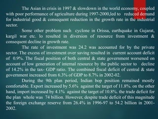 The Asian in crisis in 1997 & slowdown in the world economy, coupled
with poor performance of agriculture during 1997-2000,led to reduced demand
for industrial good & consequent reduction in the growth rate in the industrial
sector.
Some other problem such cyclone in Orissa, earthquake in Gujarat,
kargil war etc. lo resulted in diversion of resource from investment &
consequent decline in growth rate.
The rate of investment was 24.2 was accounted for by the private
sector. The excess of investment over saving resulted in current account deficit
of 0.9%. The fiscal position of both central & state government worsened on
account of low generation of internal resource by the public sector to decline
of 14.2% in the tax- GDP ratio. The combined fiscal deficit of central & state
government increased from 6.3% of GDP to 8.7% in 2002-02.
During the 9th plan period, Indian bop position remained mostly
comfortable. Export increased by 5.6% against the target of 11.8%. on the other
hand, import increased by 4.1% against the target of 10.8%. the trade deficit for
the plan whole was 74 billion. However, despite trade deficit of this magnitude
the foreign exchange reserve from 26.4% in 1996-97 to 54.2 billion in 2001-
2002.
 