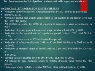 For the achievement of this objectives, ceratain monitorable targets are introduced.
MONITORABLE TARGETS FOR THE TENTH PLAN
• Reduction of poverty ratio by 5 percentage points by 2007 and by 15 percentage
• points by 2012;
• Providing gainful high-quality employment to the addition to the labour force over
the Tenth Plan period;
• All children in school by 2003; all children to complete 5 years of schooling by
2007;
• Reduction of gender gaps in literacy and wage rates by at least 50% by 2007.
• Reduction in the decadal rate of population growth between 2001 and 2011 to
16.2%;
• Increase in Literacy rate to 75% within the Plan period;
• Reduction of Infant mortality rate (IMR) to 45 per 1000 live births by 2007 and to 28
by 2012;
• Reduction of Maternal mortality ratio (MMR) to 2 per 1000 live births by 2007 and
to
1 by 2012.
• Increase in forest and tree cover to 25% by 2007 and 33% by 2012.
• All villages to have sustained access to potable drinking water within the Plan
period;
• Cleaning of major polluted rivers by 2007 and other notified stretches by 2012.
 