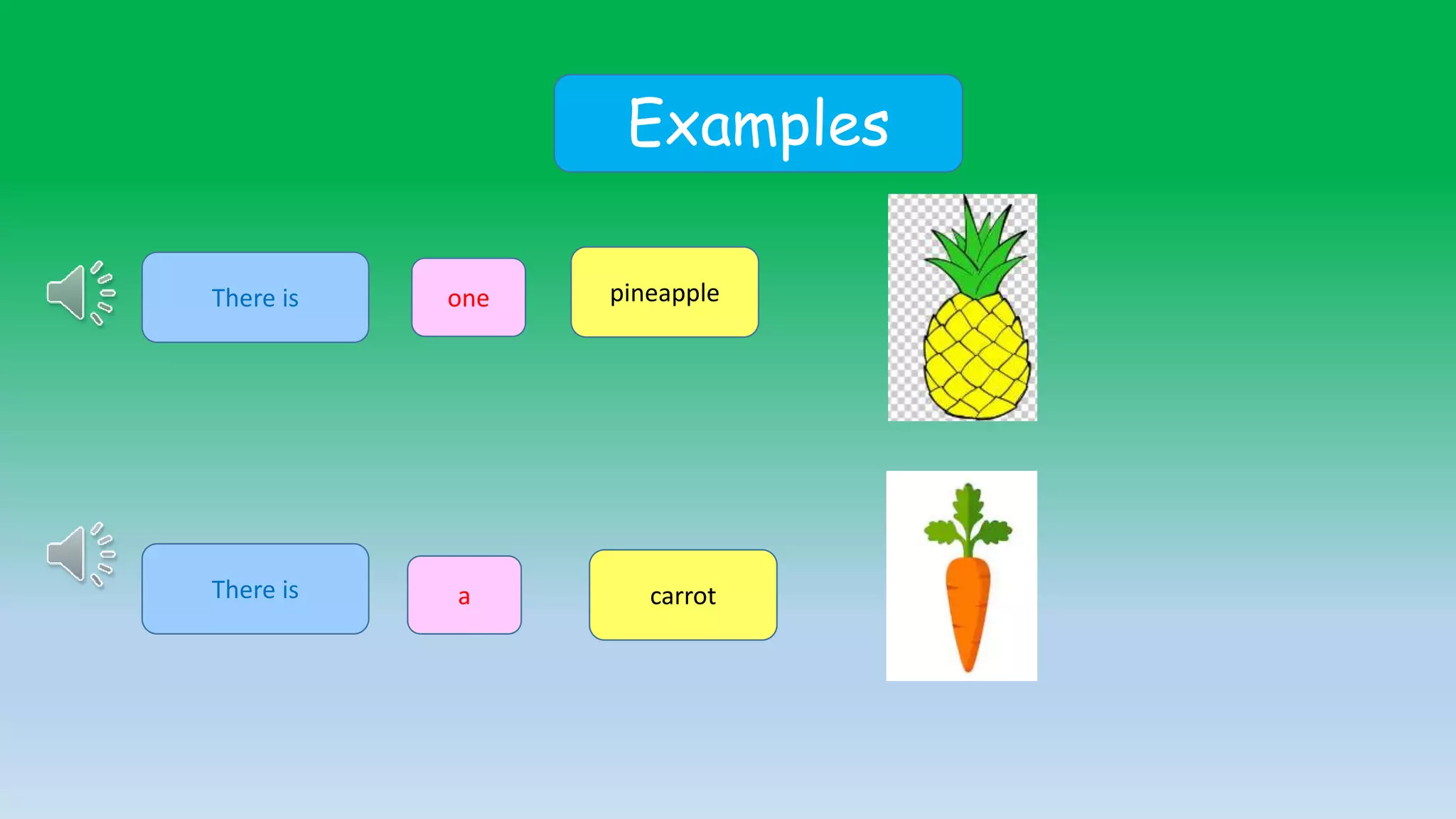 Examples
There is one pineapple
There is a carrot