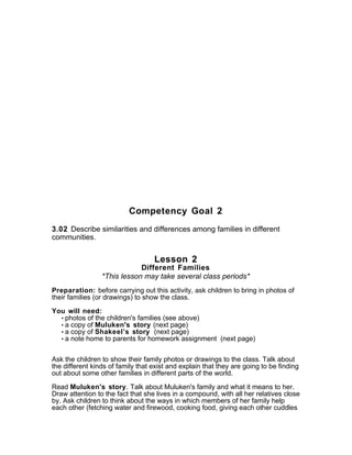 Competency Goal 2
3.02 Describe similarities and differences among families in different
communities.
Lesson 2
Different Families
*This lesson may take several class periods*
Preparation: before carrying out this activity, ask children to bring in photos of
their families (or drawings) to show the class.
You will need:
• photos of the children's families (see above)
• a copy of Muluken's story (next page)
• a copy of Shakeel’s story (next page)
• a note home to parents for homework assignment (next page)
Ask the children to show their family photos or drawings to the class. Talk about
the different kinds of family that exist and explain that they are going to be finding
out about some other families in different parts of the world.
Read Muluken's story. Talk about Muluken's family and what it means to her.
Draw attention to the fact that she lives in a compound, with all her relatives close
by. Ask children to think about the ways in which members of her family help
each other (fetching water and firewood, cooking food, giving each other cuddles
 