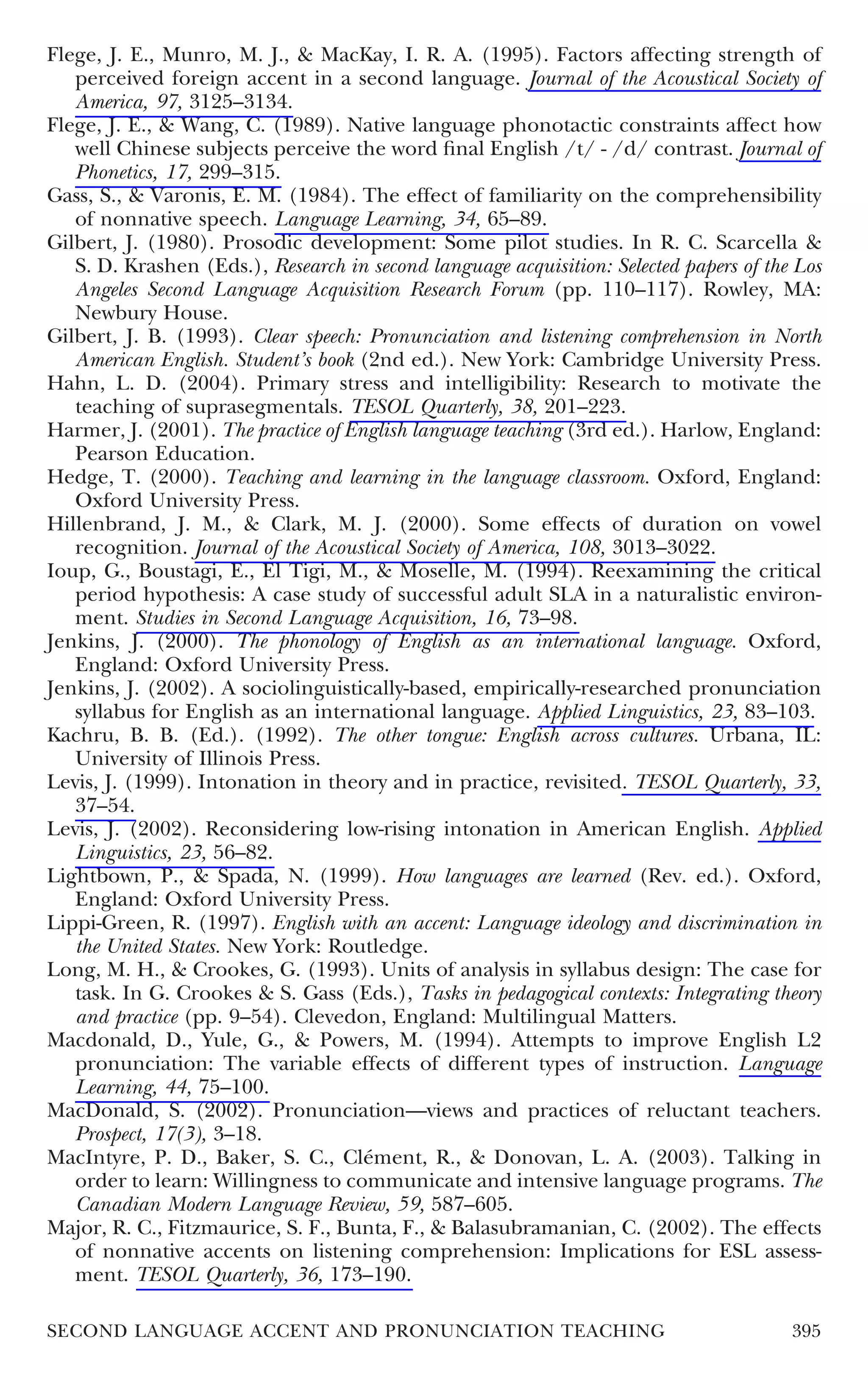Flege, J. E., Munro, M. J., & MacKay, I. R. A. (1995). Factors affecting strength of
   perceived foreign accent in a second language. Journal of the Acoustical Society of
   America, 97, 3125–3134.
Flege, J. E., & Wang, C. (1989). Native language phonotactic constraints affect how
   well Chinese subjects perceive the word ﬁnal English /t/ - /d/ contrast. Journal of
   Phonetics, 17, 299–315.
Gass, S., & Varonis, E. M. (1984). The effect of familiarity on the comprehensibility
   of nonnative speech. Language Learning, 34, 65–89.
Gilbert, J. (1980). Prosodic development: Some pilot studies. In R. C. Scarcella &
   S. D. Krashen (Eds.), Research in second language acquisition: Selected papers of the Los
   Angeles Second Language Acquisition Research Forum (pp. 110–117). Rowley, MA:
   Newbury House.
Gilbert, J. B. (1993). Clear speech: Pronunciation and listening comprehension in North
   American English. Student’s book (2nd ed.). New York: Cambridge University Press.
Hahn, L. D. (2004). Primary stress and intelligibility: Research to motivate the
   teaching of suprasegmentals. TESOL Quarterly, 38, 201–223.
Harmer, J. (2001). The practice of English language teaching (3rd ed.). Harlow, England:
   Pearson Education.
Hedge, T. (2000). Teaching and learning in the language classroom. Oxford, England:
   Oxford University Press.
Hillenbrand, J. M., & Clark, M. J. (2000). Some effects of duration on vowel
   recognition. Journal of the Acoustical Society of America, 108, 3013–3022.
Ioup, G., Boustagi, E., El Tigi, M., & Moselle, M. (1994). Reexamining the critical
   period hypothesis: A case study of successful adult SLA in a naturalistic environ-
   ment. Studies in Second Language Acquisition, 16, 73–98.
Jenkins, J. (2000). The phonology of English as an international language. Oxford,
   England: Oxford University Press.
Jenkins, J. (2002). A sociolinguistically-based, empirically-researched pronunciation
   syllabus for English as an international language. Applied Linguistics, 23, 83–103.
Kachru, B. B. (Ed.). (1992). The other tongue: English across cultures. Urbana, IL:
   University of Illinois Press.
Levis, J. (1999). Intonation in theory and in practice, revisited. TESOL Quarterly, 33,
   37–54.
Levis, J. (2002). Reconsidering low-rising intonation in American English. Applied
   Linguistics, 23, 56–82.
Lightbown, P., & Spada, N. (1999). How languages are learned (Rev. ed.). Oxford,
   England: Oxford University Press.
Lippi-Green, R. (1997). English with an accent: Language ideology and discrimination in
   the United States. New York: Routledge.
Long, M. H., & Crookes, G. (1993). Units of analysis in syllabus design: The case for
   task. In G. Crookes & S. Gass (Eds.), Tasks in pedagogical contexts: Integrating theory
   and practice (pp. 9–54). Clevedon, England: Multilingual Matters.
Macdonald, D., Yule, G., & Powers, M. (1994). Attempts to improve English L2
   pronunciation: The variable effects of different types of instruction. Language
   Learning, 44, 75–100.
MacDonald, S. (2002). Pronunciation—views and practices of reluctant teachers.
   Prospect, 17(3), 3–18.
MacIntyre, P. D., Baker, S. C., Clément, R., & Donovan, L. A. (2003). Talking in
   order to learn: Willingness to communicate and intensive language programs. The
   Canadian Modern Language Review, 59, 587–605.
Major, R. C., Fitzmaurice, S. F., Bunta, F., & Balasubramanian, C. (2002). The effects
   of nonnative accents on listening comprehension: Implications for ESL assess-
   ment. TESOL Quarterly, 36, 173–190.

SECOND LANGUAGE ACCENT AND PRONUNCIATION TEACHING                                       395
 