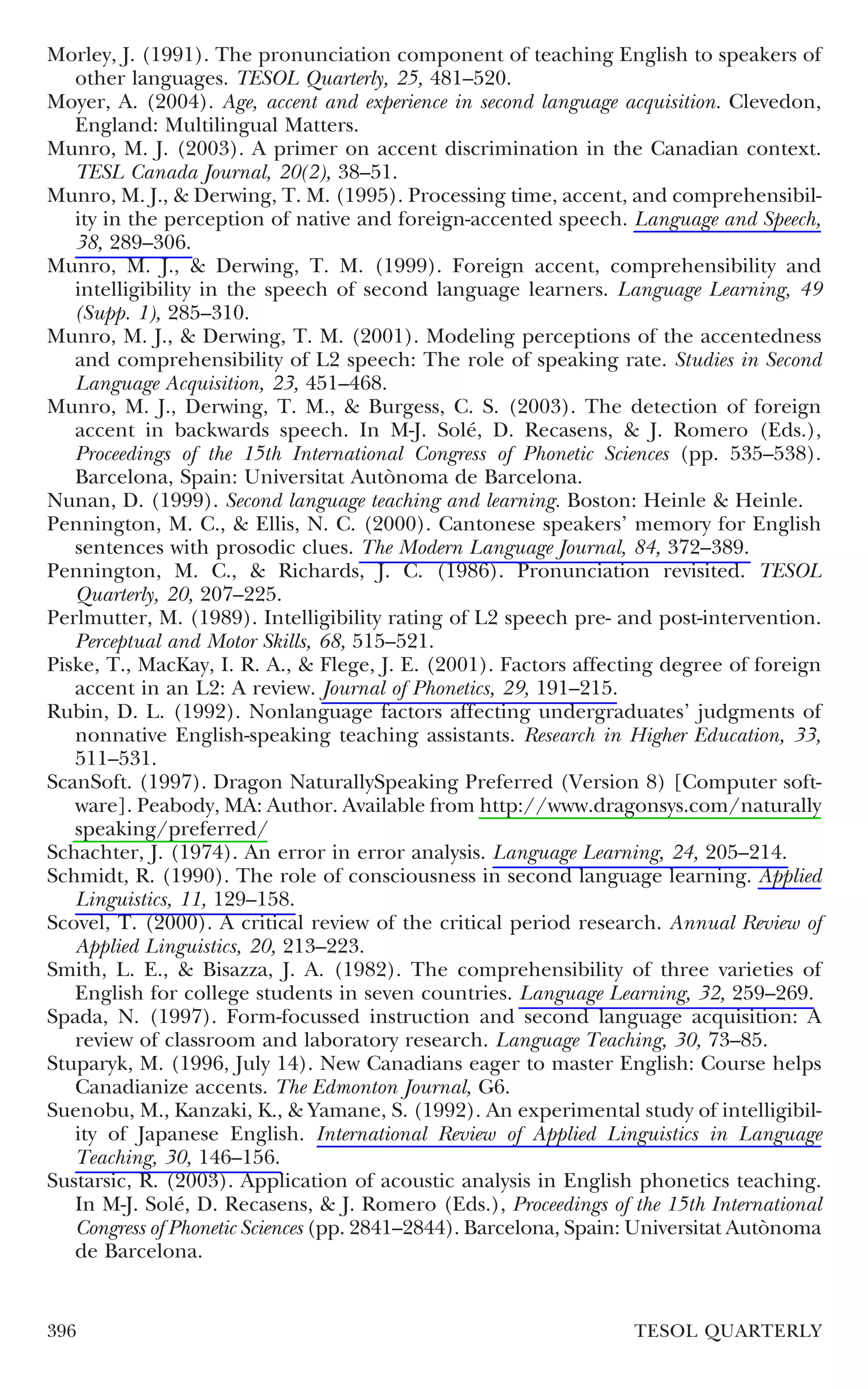 Morley, J. (1991). The pronunciation component of teaching English to speakers of
   other languages. TESOL Quarterly, 25, 481–520.
Moyer, A. (2004). Age, accent and experience in second language acquisition. Clevedon,
   England: Multilingual Matters.
Munro, M. J. (2003). A primer on accent discrimination in the Canadian context.
   TESL Canada Journal, 20(2), 38–51.
Munro, M. J., & Derwing, T. M. (1995). Processing time, accent, and comprehensibil-
   ity in the perception of native and foreign-accented speech. Language and Speech,
   38, 289–306.
Munro, M. J., & Derwing, T. M. (1999). Foreign accent, comprehensibility and
   intelligibility in the speech of second language learners. Language Learning, 49
   (Supp. 1), 285–310.
Munro, M. J., & Derwing, T. M. (2001). Modeling perceptions of the accentedness
   and comprehensibility of L2 speech: The role of speaking rate. Studies in Second
   Language Acquisition, 23, 451–468.
Munro, M. J., Derwing, T. M., & Burgess, C. S. (2003). The detection of foreign
   accent in backwards speech. In M-J. Solé, D. Recasens, & J. Romero (Eds.),
   Proceedings of the 15th International Congress of Phonetic Sciences (pp. 535–538).
   Barcelona, Spain: Universitat Autònoma de Barcelona.
Nunan, D. (1999). Second language teaching and learning. Boston: Heinle & Heinle.
Pennington, M. C., & Ellis, N. C. (2000). Cantonese speakers’ memory for English
   sentences with prosodic clues. The Modern Language Journal, 84, 372–389.
Pennington, M. C., & Richards, J. C. (1986). Pronunciation revisited. TESOL
   Quarterly, 20, 207–225.
Perlmutter, M. (1989). Intelligibility rating of L2 speech pre- and post-intervention.
   Perceptual and Motor Skills, 68, 515–521.
Piske, T., MacKay, I. R. A., & Flege, J. E. (2001). Factors affecting degree of foreign
   accent in an L2: A review. Journal of Phonetics, 29, 191–215.
Rubin, D. L. (1992). Nonlanguage factors affecting undergraduates’ judgments of
   nonnative English-speaking teaching assistants. Research in Higher Education, 33,
   511–531.
ScanSoft. (1997). Dragon NaturallySpeaking Preferred (Version 8) [Computer soft-
   ware]. Peabody, MA: Author. Available from http://www.dragonsys.com/naturally
   speaking/preferred/
Schachter, J. (1974). An error in error analysis. Language Learning, 24, 205–214.
Schmidt, R. (1990). The role of consciousness in second language learning. Applied
   Linguistics, 11, 129–158.
Scovel, T. (2000). A critical review of the critical period research. Annual Review of
   Applied Linguistics, 20, 213–223.
Smith, L. E., & Bisazza, J. A. (1982). The comprehensibility of three varieties of
   English for college students in seven countries. Language Learning, 32, 259–269.
Spada, N. (1997). Form-focussed instruction and second language acquisition: A
   review of classroom and laboratory research. Language Teaching, 30, 73–85.
Stuparyk, M. (1996, July 14). New Canadians eager to master English: Course helps
   Canadianize accents. The Edmonton Journal, G6.
Suenobu, M., Kanzaki, K., & Yamane, S. (1992). An experimental study of intelligibil-
   ity of Japanese English. International Review of Applied Linguistics in Language
   Teaching, 30, 146–156.
Sustarsic, R. (2003). Application of acoustic analysis in English phonetics teaching.
   In M-J. Solé, D. Recasens, & J. Romero (Eds.), Proceedings of the 15th International
   Congress of Phonetic Sciences (pp. 2841–2844). Barcelona, Spain: Universitat Autònoma
   de Barcelona.


396                                                               TESOL QUARTERLY
 