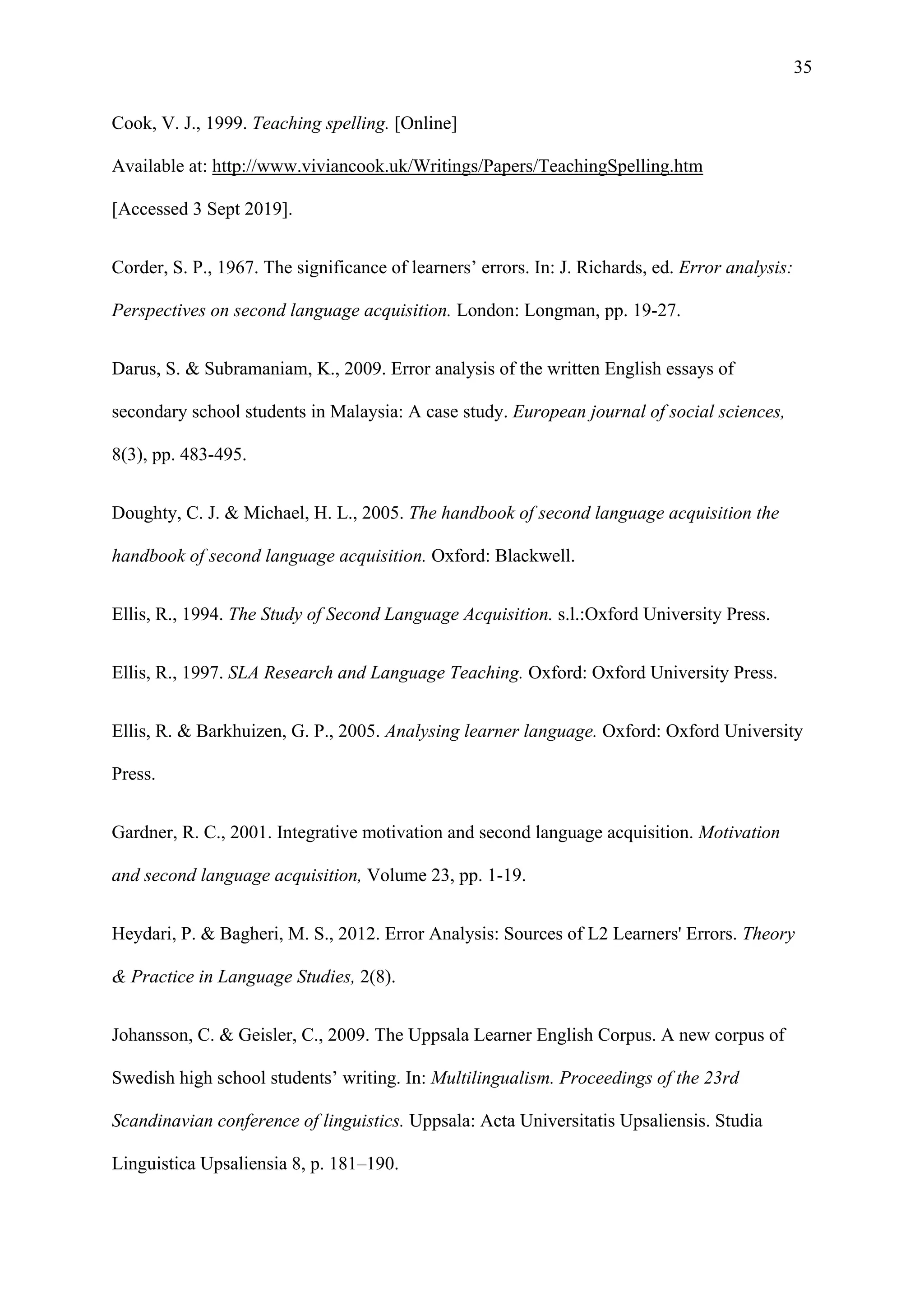 35
Cook, V. J., 1999. Teaching spelling. [Online]
Available at: http://www.viviancook.uk/Writings/Papers/TeachingSpelling.htm
[Accessed 3 Sept 2019].
Corder, S. P., 1967. The significance of learners’ errors. In: J. Richards, ed. Error analysis:
Perspectives on second language acquisition. London: Longman, pp. 19-27.
Darus, S. & Subramaniam, K., 2009. Error analysis of the written English essays of
secondary school students in Malaysia: A case study. European journal of social sciences,
8(3), pp. 483-495.
Doughty, C. J. & Michael, H. L., 2005. The handbook of second language acquisition the
handbook of second language acquisition. Oxford: Blackwell.
Ellis, R., 1994. The Study of Second Language Acquisition. s.l.:Oxford University Press.
Ellis, R., 1997. SLA Research and Language Teaching. Oxford: Oxford University Press.
Ellis, R. & Barkhuizen, G. P., 2005. Analysing learner language. Oxford: Oxford University
Press.
Gardner, R. C., 2001. Integrative motivation and second language acquisition. Motivation
and second language acquisition, Volume 23, pp. 1-19.
Heydari, P. & Bagheri, M. S., 2012. Error Analysis: Sources of L2 Learners' Errors. Theory
& Practice in Language Studies, 2(8).
Johansson, C. & Geisler, C., 2009. The Uppsala Learner English Corpus. A new corpus of
Swedish high school students’ writing. In: Multilingualism. Proceedings of the 23rd
Scandinavian conference of linguistics. Uppsala: Acta Universitatis Upsaliensis. Studia
Linguistica Upsaliensia 8, p. 181–190.
 