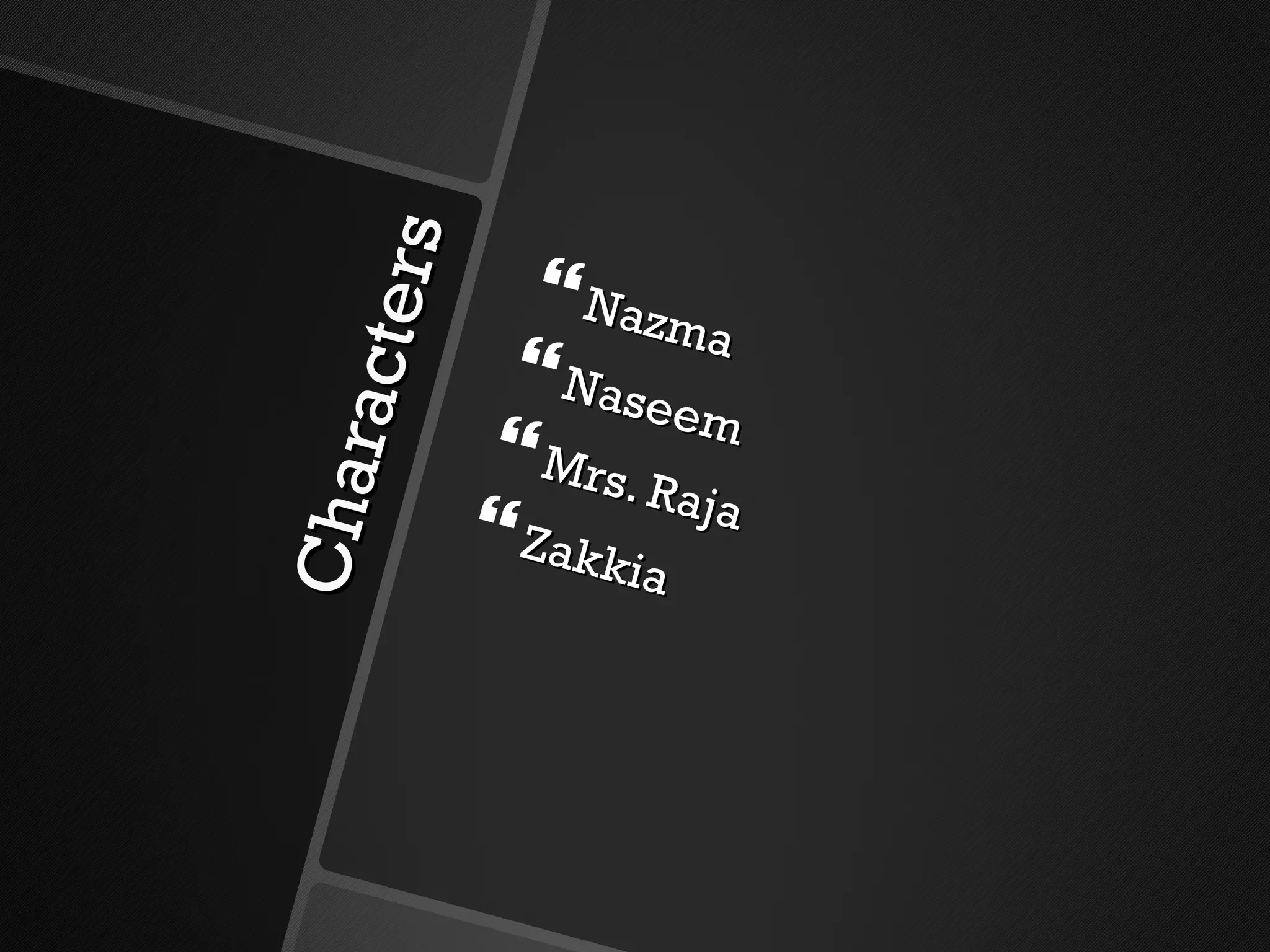 Characters Nazma Naseem Mrs. Raja Zakkia 