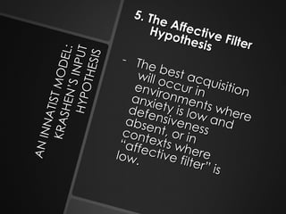 AN INNATIST MODEL:  KRASHEN’S INPUT HYPOTHESIS 5. The Affective Filter Hypothesis -  The best acquisition will occur in environments where anxiety is low and defensiveness absent, or in contexts where “affective filter” is low. 