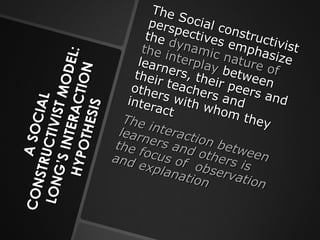 A SOCIAL CONSTRUCTIVIST MODEL: LONG’S INTERACTION HYPOTHESIS The Social constructivist perspectives emphasize the  dynamic nature of the interplay   between learners, their peers and their teachers and others with whom they interact The interaction between learners and others is the focus of  observation and explanation 