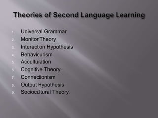1. Universal Grammar 
2. Monitor Theory 
3. Interaction Hypothesis 
4. Behaviourism 
5. Acculturation 
6. Cognitive Theory 
7. Connectionism 
8. Output Hypothesis 
9. Sociocultural Theory. 
 