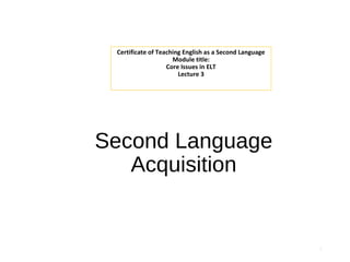 Second Language
Acquisition
Certificate of Teaching English as a Second Language
Module title:
Core Issues in ELT
Lecture 3
1
 
