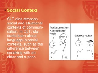 Social Context CLT also stresses social and situational contexts of communi-cation.  In CLT, stu-dents learn about language in social contexts, such as the difference between speaking with an elder and a peer. 