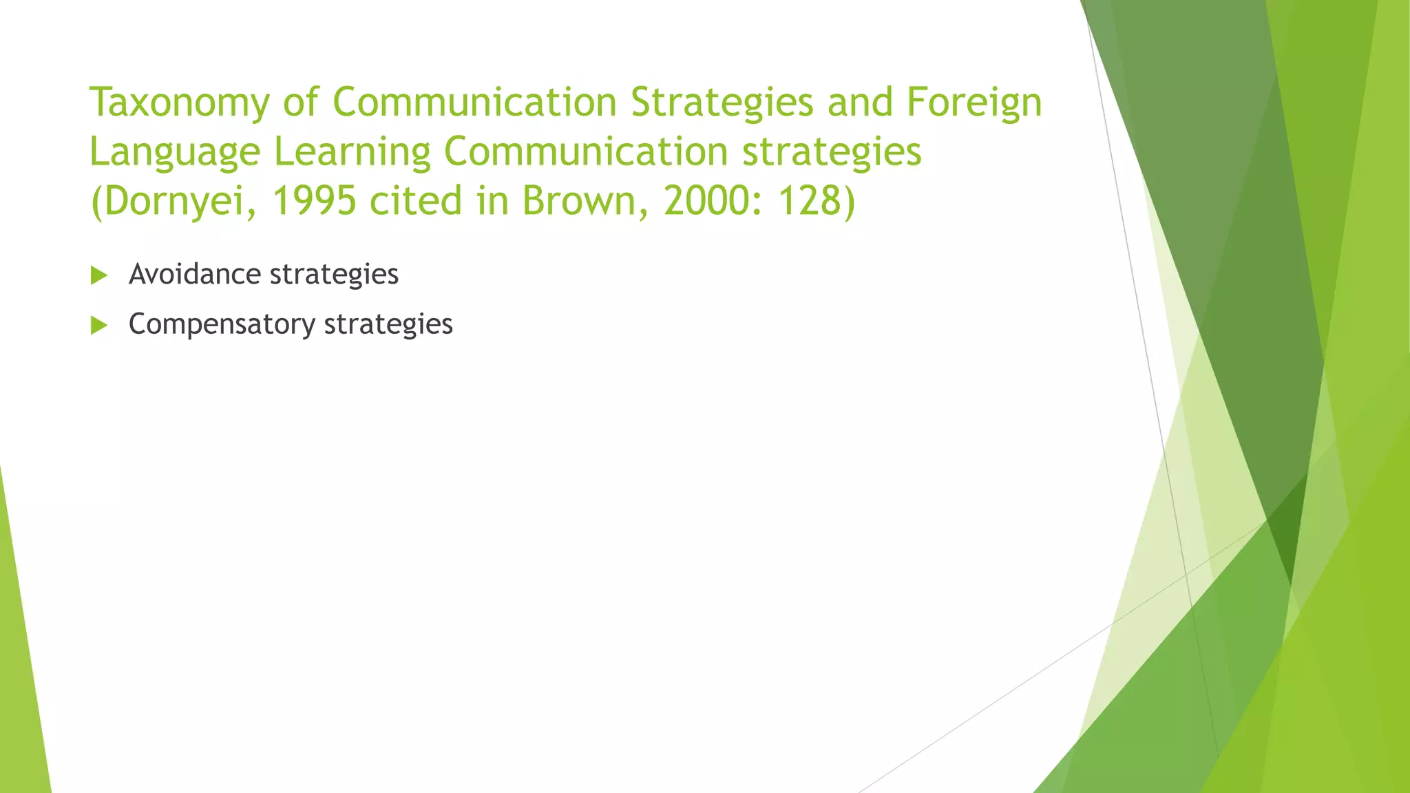 Taxonomy of Communication Strategies and Foreign 
Language Learning Communication strategies 
(Dornyei, 1995 cited in Brown, 2000: 128) 
 Avoidance strategies 
 Compensatory strategies 
 