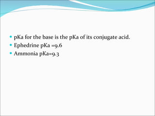 pKa for the base is the pKa of its conjugate acid. Ephedrine pKa =9.6 Ammonia pKa=9.3 