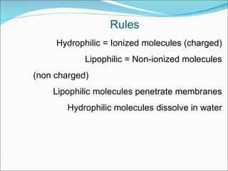 Rules Hydrophilic = Ionized molecules (charged) Lipophilic = Non-ionized molecules (non charged) Lipophilic molecules penetrate membranes Hydrophilic molecules dissolve in water 