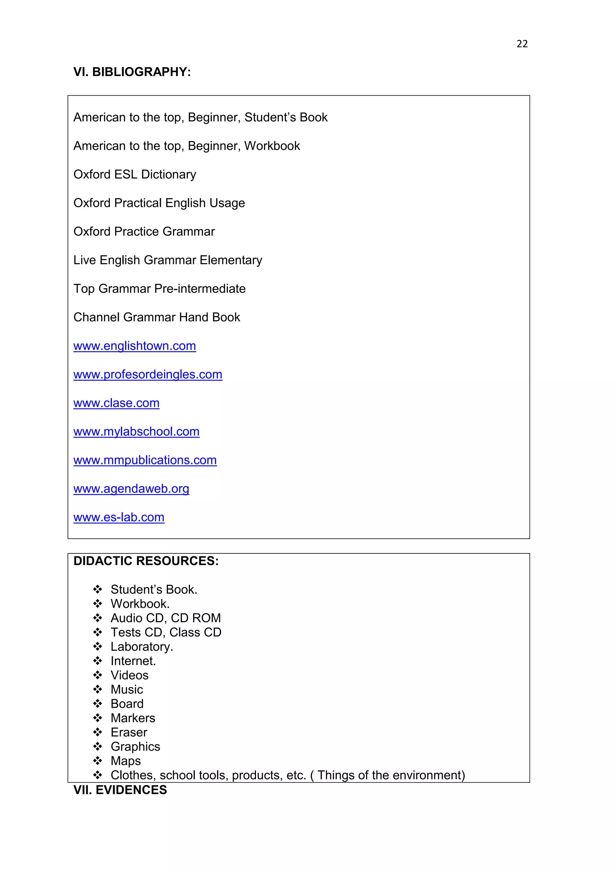 22

VI. BIBLIOGRAPHY:


American to the top, Beginner, Student’s Book

American to the top, Beginner, Workbook

Oxford ESL Dictionary

Oxford Practical English Usage

Oxford Practice Grammar

Live English Grammar Elementary

Top Grammar Pre-intermediate

Channel Grammar Hand Book

www.englishtown.com

www.profesordeingles.com

www.clase.com

www.mylabschool.com

www.mmpublications.com

www.agendaweb.org

www.es-lab.com


DIDACTIC RESOURCES:

     Student’s Book.
     Workbook.
     Audio CD, CD ROM
     Tests CD, Class CD
     Laboratory.
     Internet.
     Videos
     Music
     Board
     Markers
     Eraser
     Graphics
     Maps
     Clothes, school tools, products, etc. ( Things of the environment)
VII. EVIDENCES
 