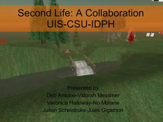 Second Life: A Collaboration UIS-CSU-IDPH Presented by Deb Antoine-Vidorah Messmer Veronica Halloway-No Morane Julian Scheinbuks-Jules Gigamon 