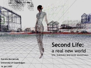Second Life:Life:
a real new worldnew world
life, business and toxic immersion
Daniele Montemale
University of Copenhagen
16 jan 2007
 