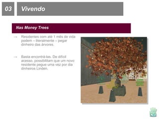 03 Vivendo Nas Money Trees Residentes com até 1 mês de vida podem – literalmente – pegar dinheiro das árvores. Basta encontrá-las. De difícil acesso, possibilitam que um novo residente pegue uma vez por dia dinheiros Linden. 