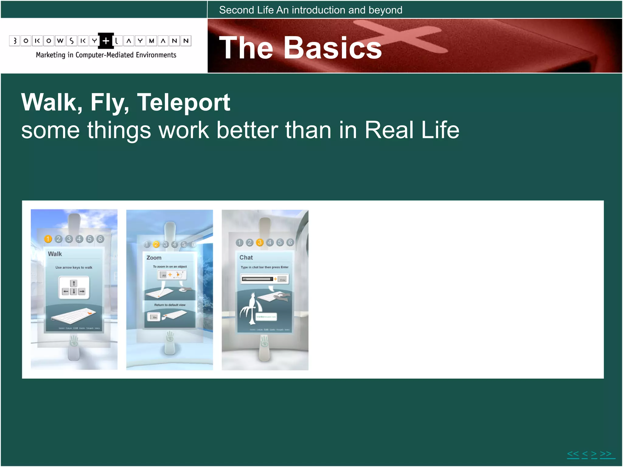 Second Life An introduction and beyond



                  The Basics
Walk, Fly, Teleport
some things work better than in Real Life




                                                           << < > >>
 