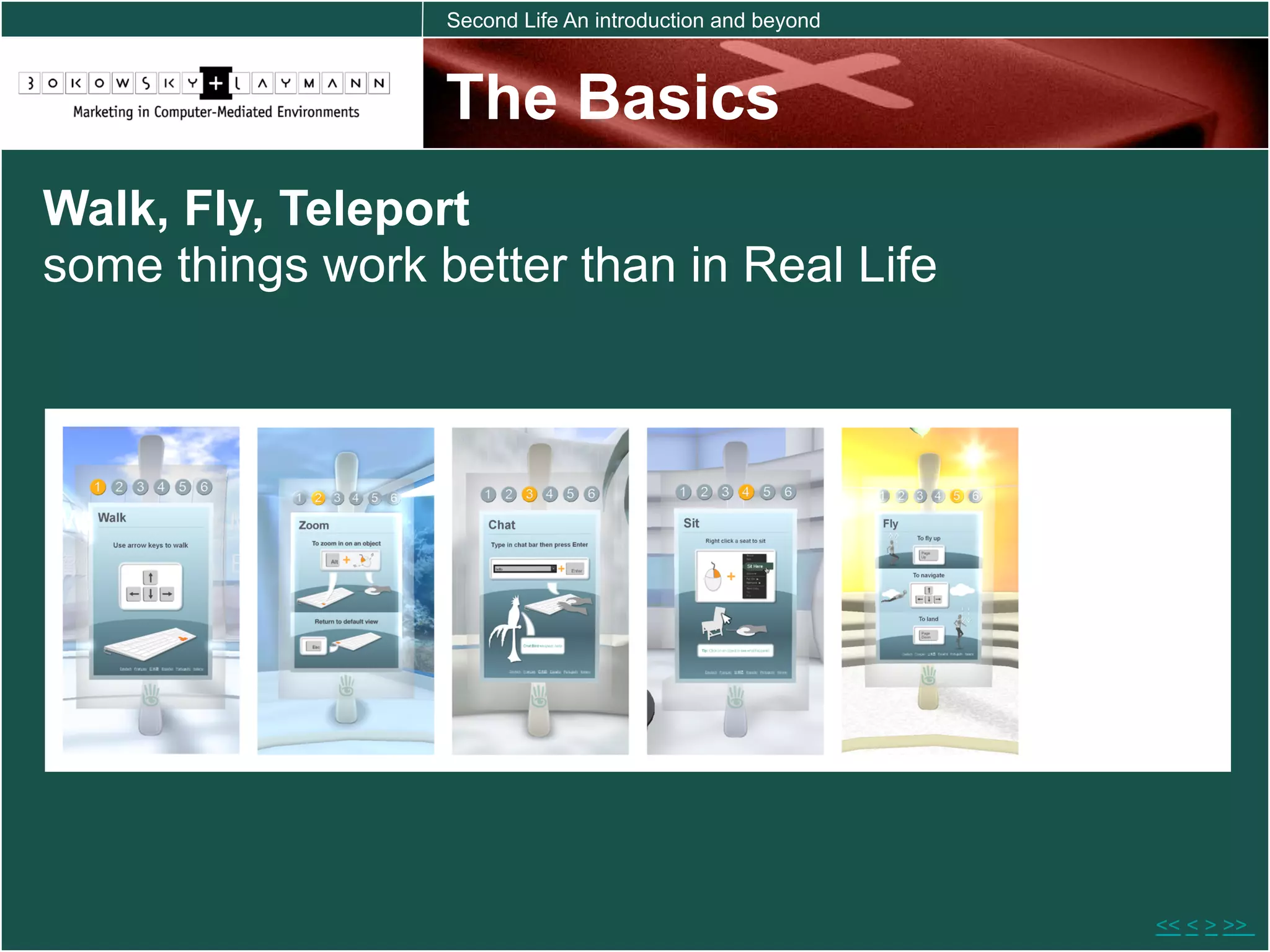 Second Life An introduction and beyond



                  The Basics
Walk, Fly, Teleport
some things work better than in Real Life




                                                           << < > >>
 