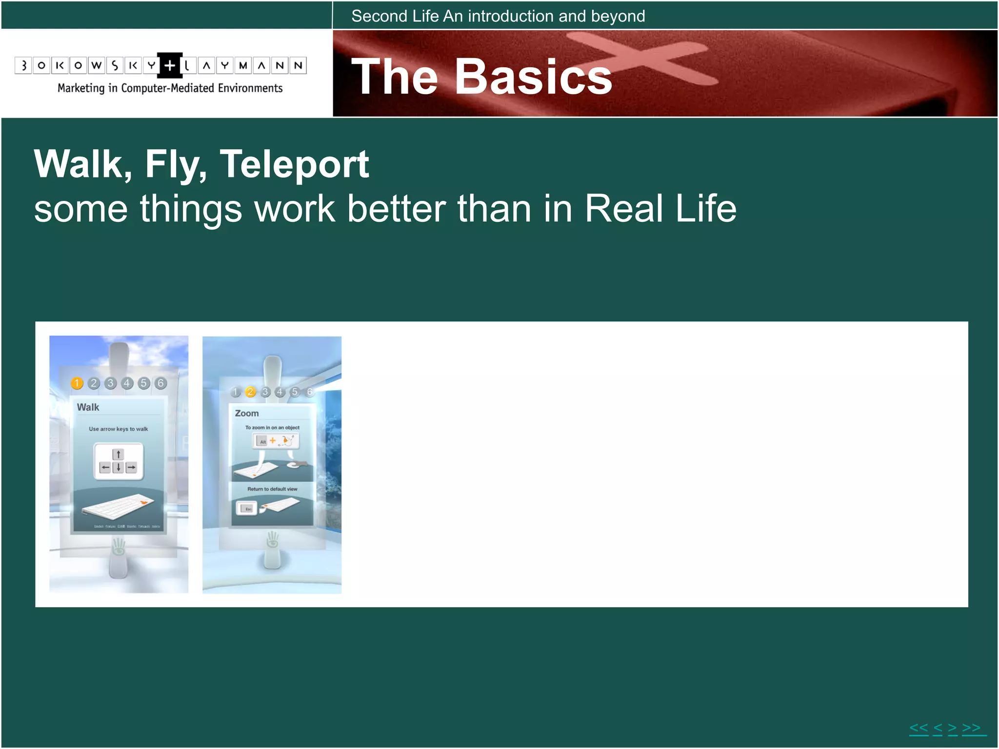 Second Life An introduction and beyond



                  The Basics
Walk, Fly, Teleport
some things work better than in Real Life




                                                           << < > >>
 