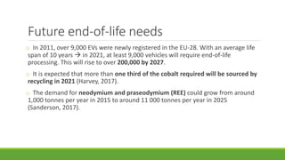 Future end-of-life needs
o In 2011, over 9,000 EVs were newly registered in the EU-28. With an average life
span of 10 years → in 2021, at least 9,000 vehicles will require end-of-life
processing. This will rise to over 200,000 by 2027.
o It is expected that more than one third of the cobalt required will be sourced by
recycling in 2021 (Harvey, 2017).
o The demand for neodymium and praseodymium (REE) could grow from around
1,000 tonnes per year in 2015 to around 11 000 tonnes per year in 2025
(Sanderson, 2017).
 