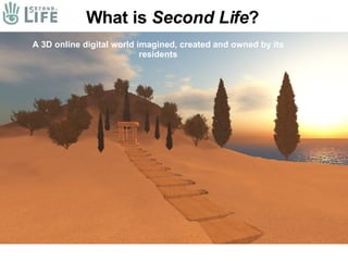 What is  Second Life ? A 3D online digital world imagined, created and owned by its residents 
