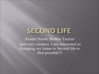 Avatar Name: Brekke Taurus (not very creative, I am interested in changing my name in Second life-is that possible?) 