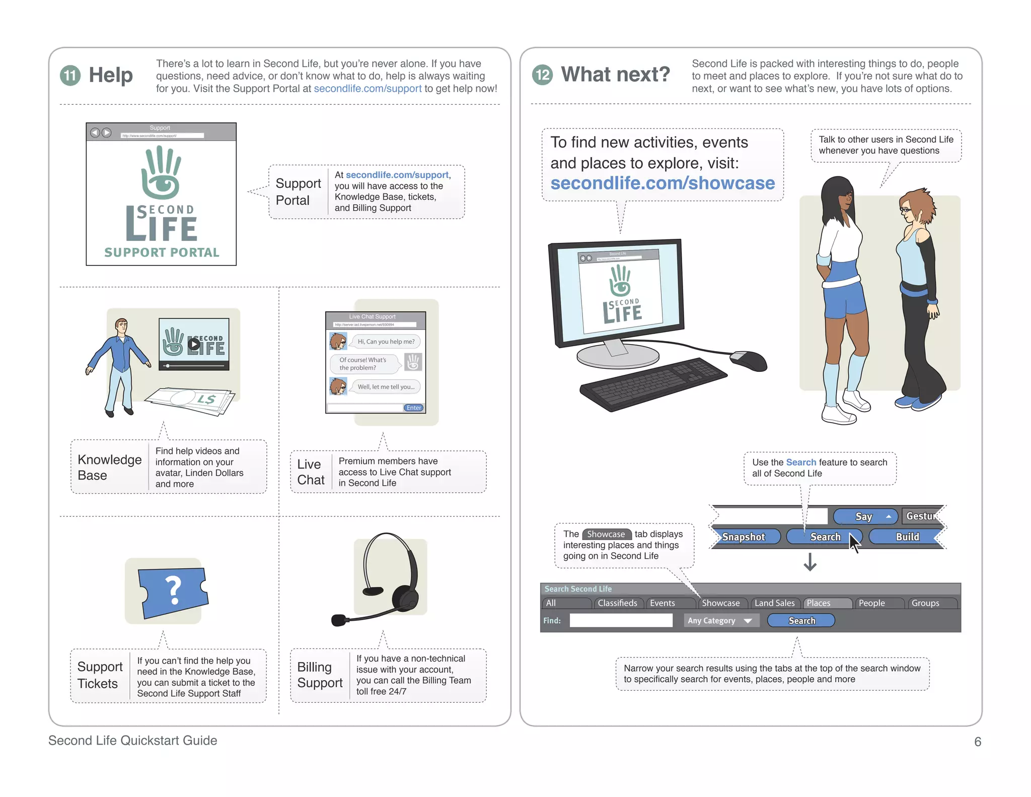 There’s a lot to learn in Second Life, but you’re never alone. If you have                                                         Second Life is packed with interesting things to do, people
  11    Help                      questions, need advice, or don’t know what to do, help is always waiting                 12     What next?                         to meet and places to explore. If you’re not sure what do to
                                  for you. Visit the Support Portal at secondlife.com/support to get help now!                                                       next, or want to see what’s new, you have lots of options.


                              Support


                                                                                                                                To find new activities, events                                      Talk to other users in Second Life
             http://www.secondlife.com/support/



                                                                                                                                                                                                    whenever you have questions
                                                                                                                                and places to explore, visit:
                                                                         At secondlife.com/support,
                                                            Support      you will have access to the                            secondlife.com/showcase
                                                                         Knowledge Base, tickets,
                                                            Portal       and Billing Support




                                                                                  Live Chat Support
                                                                         http://server.iad.liveperson.net/930994




                                                                                        Hi, Can you help me?

                                                                            Of course!course! What’s
                                                                                   Of What’s
                                                                            the problem?
                                                                                   the problem?

                                                                                        Well, let me tell you...


                                                                                                                   Enter




                                 Find help videos and
       Knowledge                 information on your             Live      Premium members have                                                                                    Use the Search feature to search
                                                                           access to Live Chat support
       Base                      avatar, Linden Dollars
                                                                 Chat      in Second Life
                                                                                                                                                                                   all of Second Life
                                 and more


                                                                                                                                                                                                             Say          Gestures
                                                                                                                                    The Showcase tab displays               Snapshot            Search                 Build
                                                                                                                                    interesting places and things
                                                                                                                                    going on in Second Life


                                                                                                                            Search Second Life
                                                                                                                            All             Classi eds   Events        Showcase    Land Sales   Places        People       Groups
                                                                                                                            Find:                                   Any Category           Search



                      If you can’t find the help you                                   If you have a non-technical
    Support           need in the Knowledge Base,                Billing               issue with your account,                                   Narrow your search results using the tabs at the top of the search window
                                                                                                                                                  to specifically search for events, places, people and more
    Tickets           you can submit a ticket to the             Support               you can call the Billing Team
                      Second Life Support Staff                                        toll free 24/7




Second Life Quickstart Guide                                                                                                                                                                                                             6
 