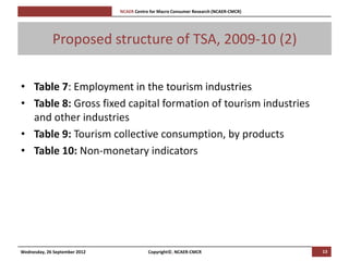 [Pi   NCAER Centre for Macro Consumer Research (NCAER-CMCR)h




             Proposed structure of TSA, 2009-10 (2)

• Table 7: Employment in the tourism industries
• Table 8: Gross fixed capital formation of tourism industries
  and other industries
• Table 9: Tourism collective consumption, by products
• Table 10: Non-monetary indicators




Wednesday, 26 September 2012                     Copyright©, NCAER-CMCR                       13
 