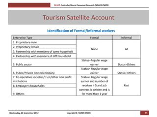 [Pi   NCAER Centre for Macro Consumer Research (NCAER-CMCR)h




                               Tourism Satellite Account
                                Identification of Formal/Informal workers
   Enterprise Type                                                         Formal                  Informal
   1. Proprietary male
   2. Proprietary female
                                                                             None                     All
   3. Partnership with members of same household
   4. Partnership with members of diff household
                                                                  Status=Regular wage
   5. Public sector                                                      earner                  Status=Others
                                                                 Status= Regular wage
   6. Public/Private limited company                                     earner                  Status= Others
   7. Co-operative societies/trust/other non profit              Status= Regular wage
   institutions                                                  earner and number of
   8. Employer's households                                        workers > 5 and job               Rest
                                                                contract is written and is
   9. Others                                                      for more than 1 year




Wednesday, 26 September 2012                        Copyright©, NCAER-CMCR                                        54
 