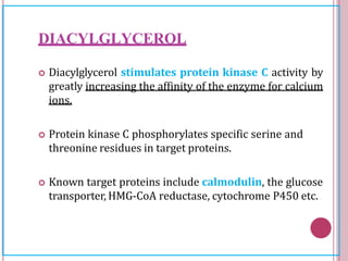 DIACYLGLYCEROL
 Diacylglycerol stimulates protein kinase C activity by
greatly increasing the affinity of the enzyme for calcium
ions.
 Protein kinase C phosphorylates specific serine and
threonine residues in target proteins.
 Known target proteins include calmodulin, the glucose
transporter, HMG-CoA reductase, cytochrome P450 etc.
 