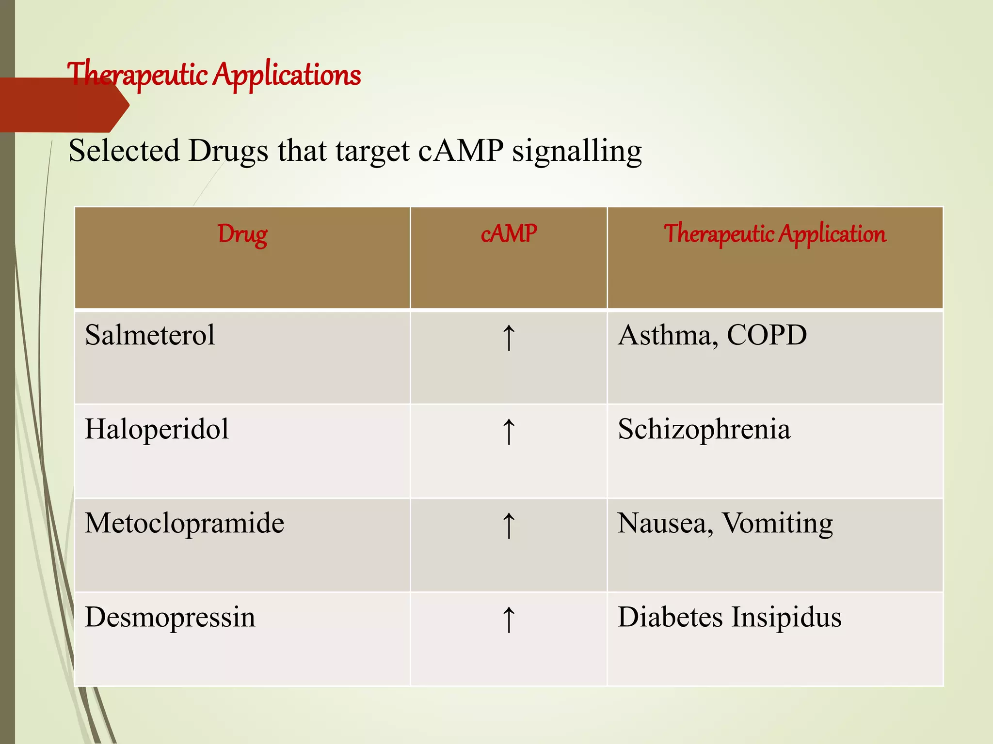 TherapeuticApplications
Selected Drugs that target cAMP signalling
Drug cAMP Therapeutic Application
Salmeterol ↑ Asthma, COPD
Haloperidol ↑ Schizophrenia
Metoclopramide ↑ Nausea, Vomiting
Desmopressin ↑ Diabetes Insipidus
 