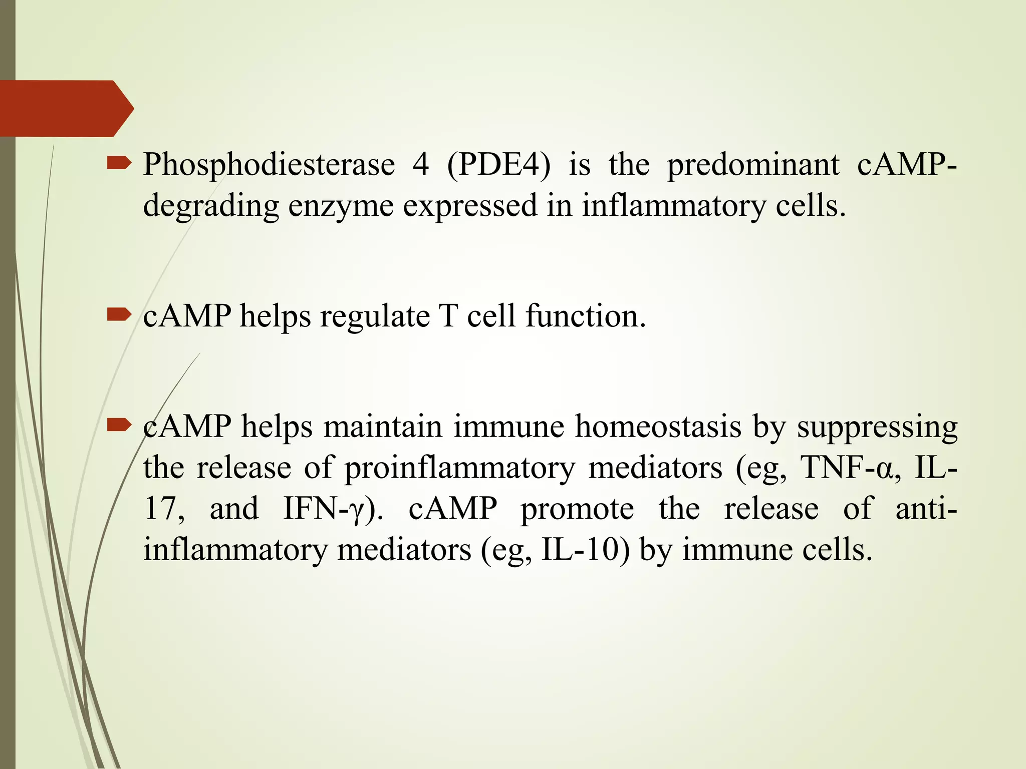  Phosphodiesterase 4 (PDE4) is the predominant cAMP-
degrading enzyme expressed in inflammatory cells.
 cAMP helps regulate T cell function.
 cAMP helps maintain immune homeostasis by suppressing
the release of proinflammatory mediators (eg, TNF-α, IL-
17, and IFN-γ). cAMP promote the release of anti-
inflammatory mediators (eg, IL-10) by immune cells.
 