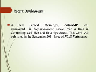 Recent Development
 A new Second Messenger, c-di-AMP was
discovered in Staphylococcus aureus with a Role in
Controlling Cell Size and Envelope Stress. This work was
published in the September 2011 Issue of PLoS Pathogens.
 