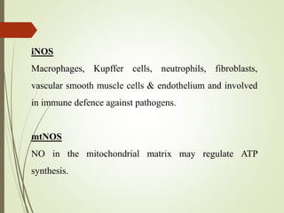 iNOS
Macrophages, Kupffer cells, neutrophils, fibroblasts,
vascular smooth muscle cells & endothelium and involved
in immune defence against pathogens.
mtNOS
NO in the mitochondrial matrix may regulate ATP
synthesis.
 