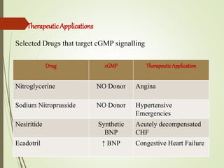 Therapeutic Applications
Selected Drugs that target cGMP signalling
Drug cGMP Therapeutic Application
Nitroglycerine NO Donor Angina
Sodium Nitroprusside NO Donor Hypertensive
Emergencies
Nesiritide Synthetic
BNP
Acutely decompensated
CHF
Ecadotril ↑ BNP Congestive Heart Failure
 