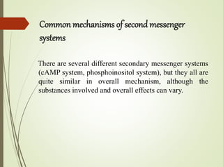 Common mechanisms of second messenger
systems
There are several different secondary messenger systems
(cAMP system, phosphoinositol system), but they all are
quite similar in overall mechanism, although the
substances involved and overall effects can vary.
 