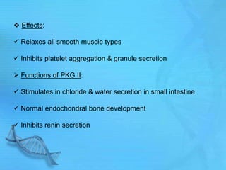  Effects:
 Relaxes all smooth muscle types
 Inhibits platelet aggregation & granule secretion
 Functions of PKG II:
 Stimulates in chloride & water secretion in small intestine
 Normal endochondral bone development
 Inhibits renin secretion
 