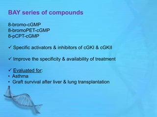 BAY series of compounds
8-bromo-cGMP
8-bromoPET-cGMP
8-pCPT-cGMP
 Specific activators & inhibitors of cGKI & cGKII
 Improve the specificity & availability of treatment
 Evaluated for:
• Asthma
• Graft survival after liver & lung transplantation
 